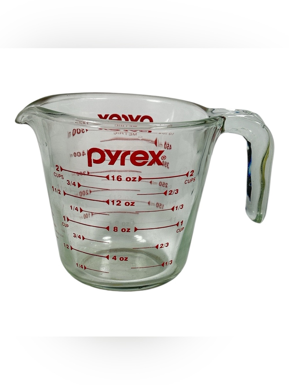 Vintage Small pyrex Glass Measuring Cup Red Lettering Open J Handle 2 Cup 1 Pint